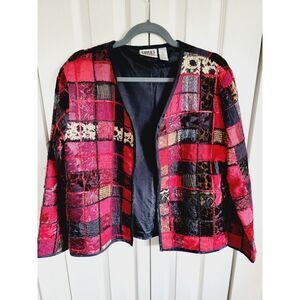 Chico's Design 1 Jacket Medium Red Black Patchwork Quilted Silk Blend Blazer‎
